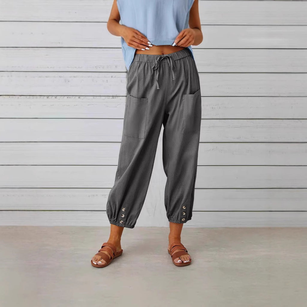 Buttoned Two-tone Linen Cropped Harem Pants