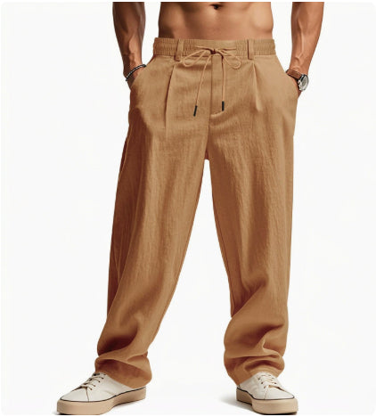 Autumn Thin Casual Cotton And Linen Drawstring Straight-leg Trousers