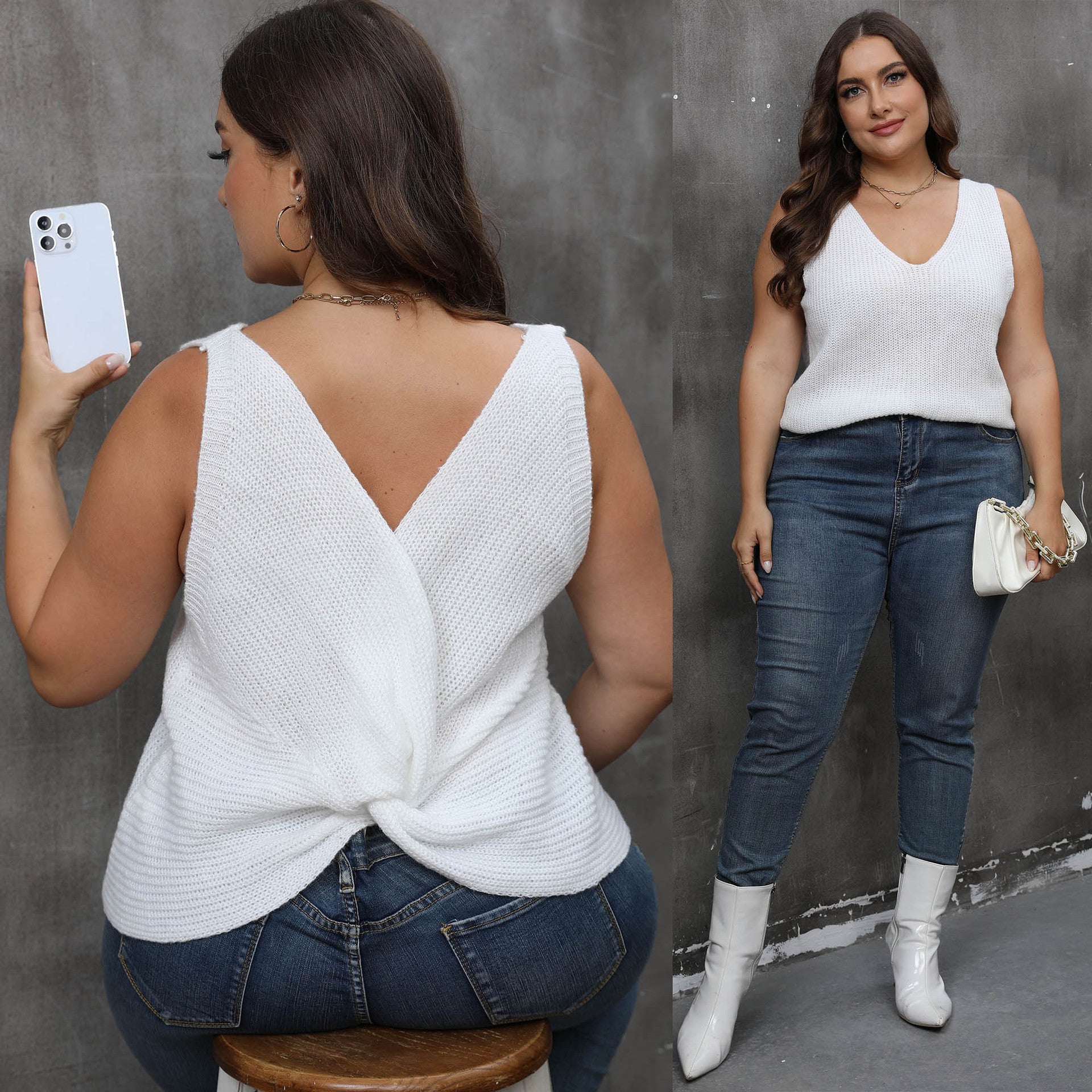 Back-cross V-neck Casual Base Sweater Knitted Top For Women
