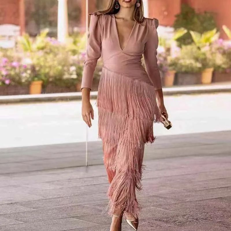 French Elegant Deep V Neck Slim Prom Dresses