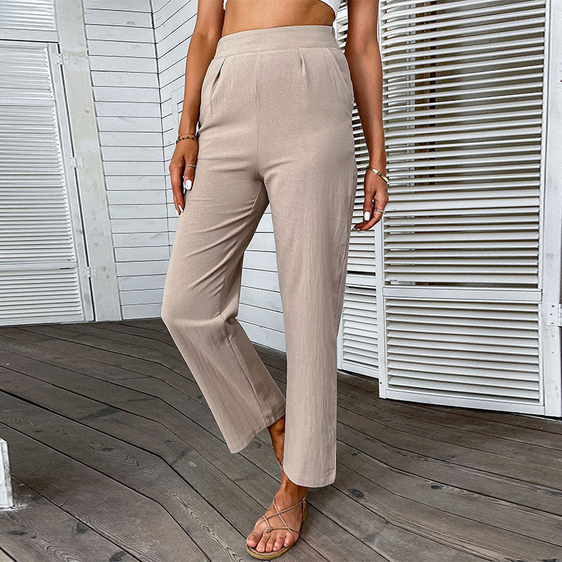 Summer European And American Style Cotton-Linen High-Waist Solid Color Cropped Straight Pants For Women