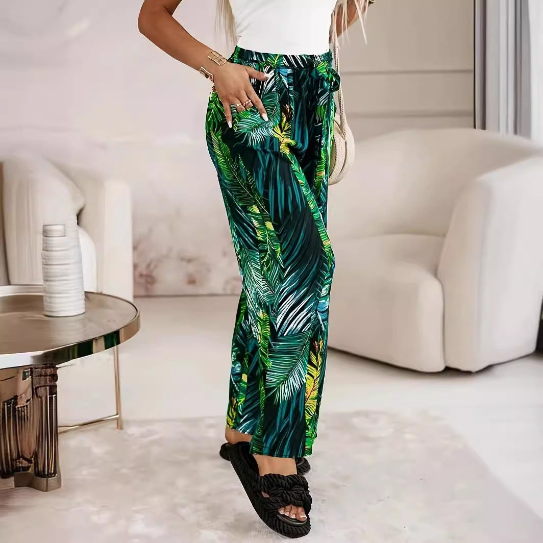 Elastic-waist Casual Wide-leg Pants With A Leaf Print Green