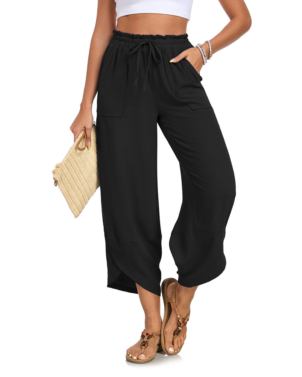 Women's Petal-Print Drawstring Elastic Waist Cropped Wide-Leg Pants