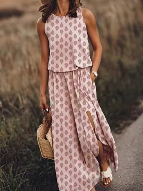 Women Summer Dresses Fashion Side Slit Long Dress With Pockets Vestidos Solid Casual O-Neck Sleeveless A-Line Sundress For Holiday