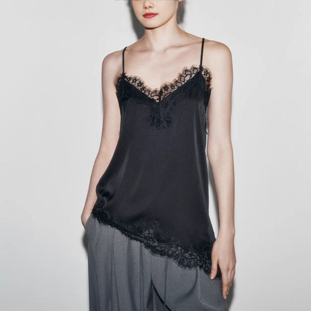 Womens Lace-Panel Irregular Adjustable Tank Top