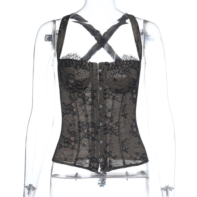Wind Lace Sexy Corset Bustier Top All-Match Slim-Fit Tank Top For Women