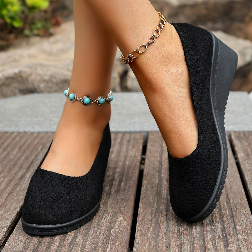 Shallow-toe Round-toe Slip-on Suede Wedge Shoes