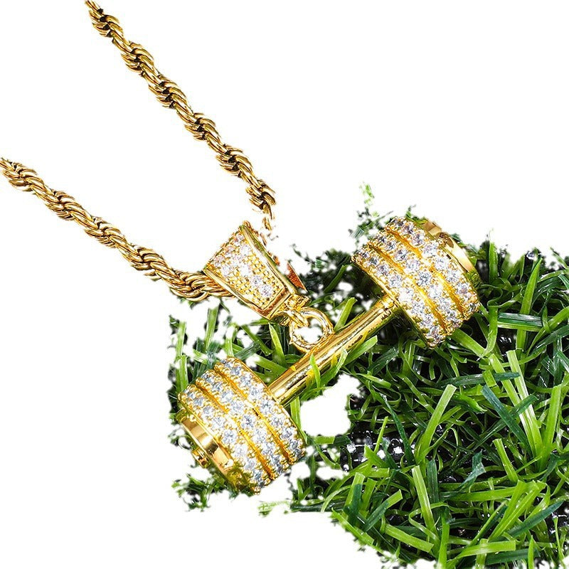 Euro-American Full-Crystal Hip-Hop Pendant Dumbbell Necklace Statement Jewelry