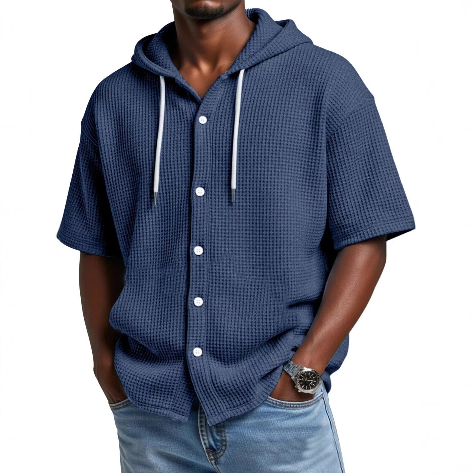 SpringSummer Casual Waffle Weave Hooded Short-Sleeve Top