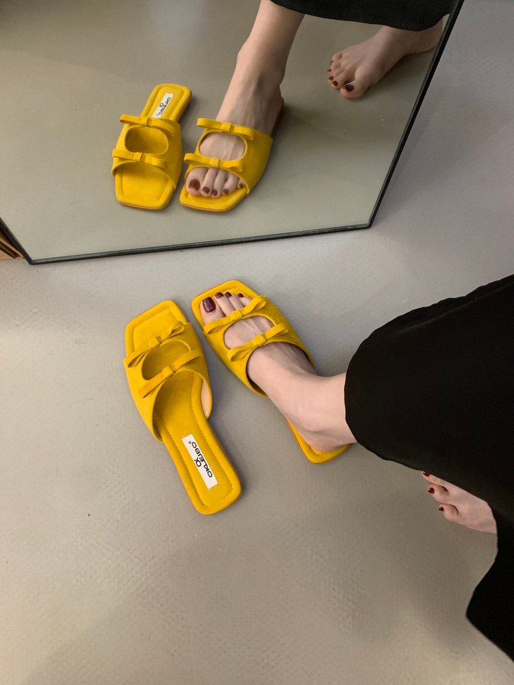Women's Korean Style Bow Hollow Flat Slide Sandals, New 2026 Summer Design, French Square Toe Beach One-Strap Slides For Outdoor Wear