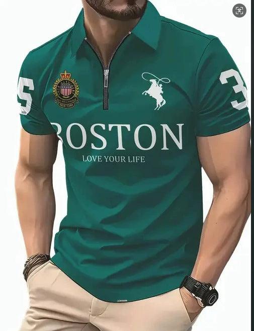 Summer High-End Business Streetwear 3D Digital Print Lapel Mens Zip-Up Polo Shirt