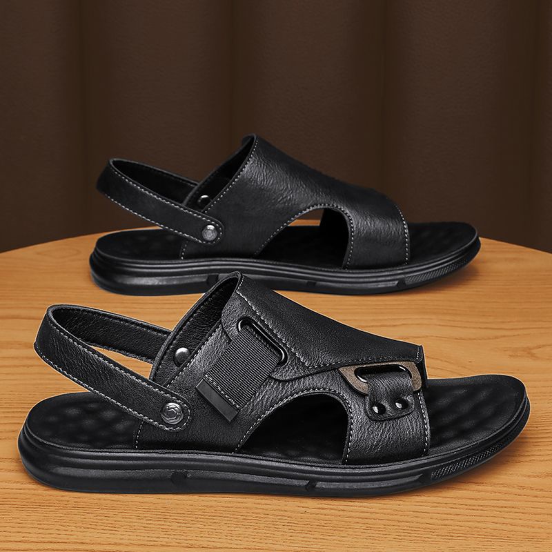 Mens Leather Thick-Soled Non-Slip Beach Casual Soft-Soled Sandals