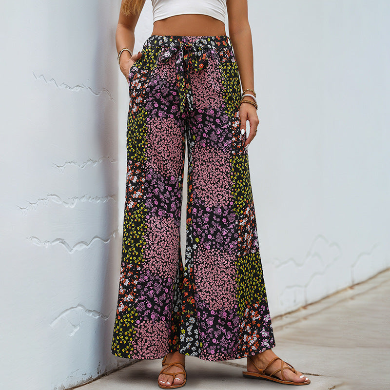 Lace-up Printed Elegant High-waisted Wide-leg Pants Women