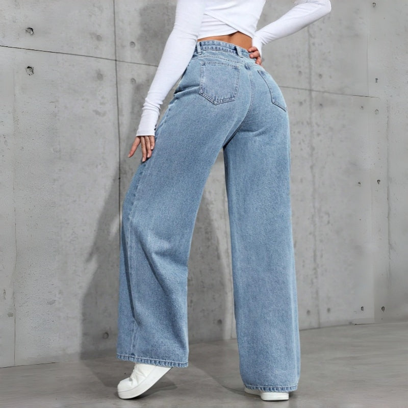 Women's Loose Mid-Waist Stretch Straight Jeans With Rhinestones