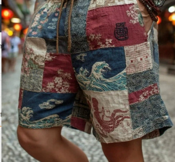 Men's African Ethnic Patchwork Casual Linen Shorts