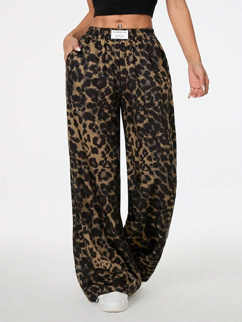 Loose-fitting Casual Pants With A Printed Leopard Pattern And An Elastic Waistband