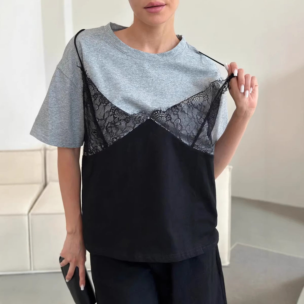Women's Lace-Patchwork Loose Basic Crew-Neck Short-Sleeve T-Shirt