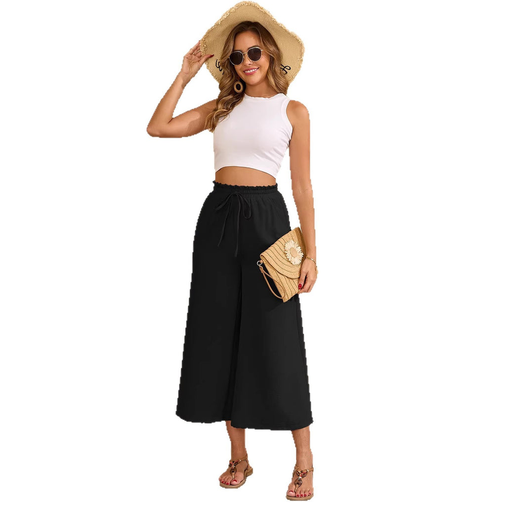 Fashionable Loose-fitting Capri Wide-leg Pants With Pockets And An Elastic Waistband