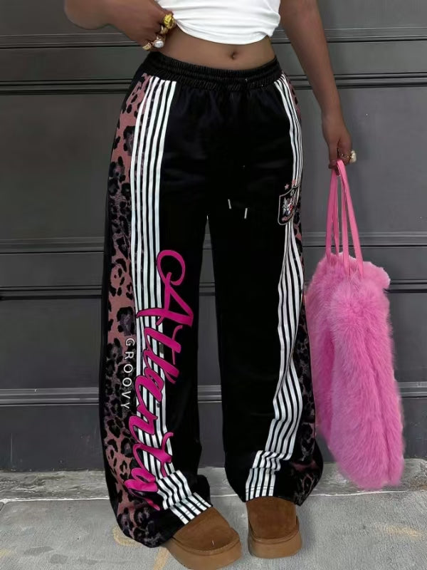 American Style Leopard Print Patchwork Sweatpants For Women, Side Stripes, Printed Letters, Trendy Street Style Casual Wide-Leg Pants