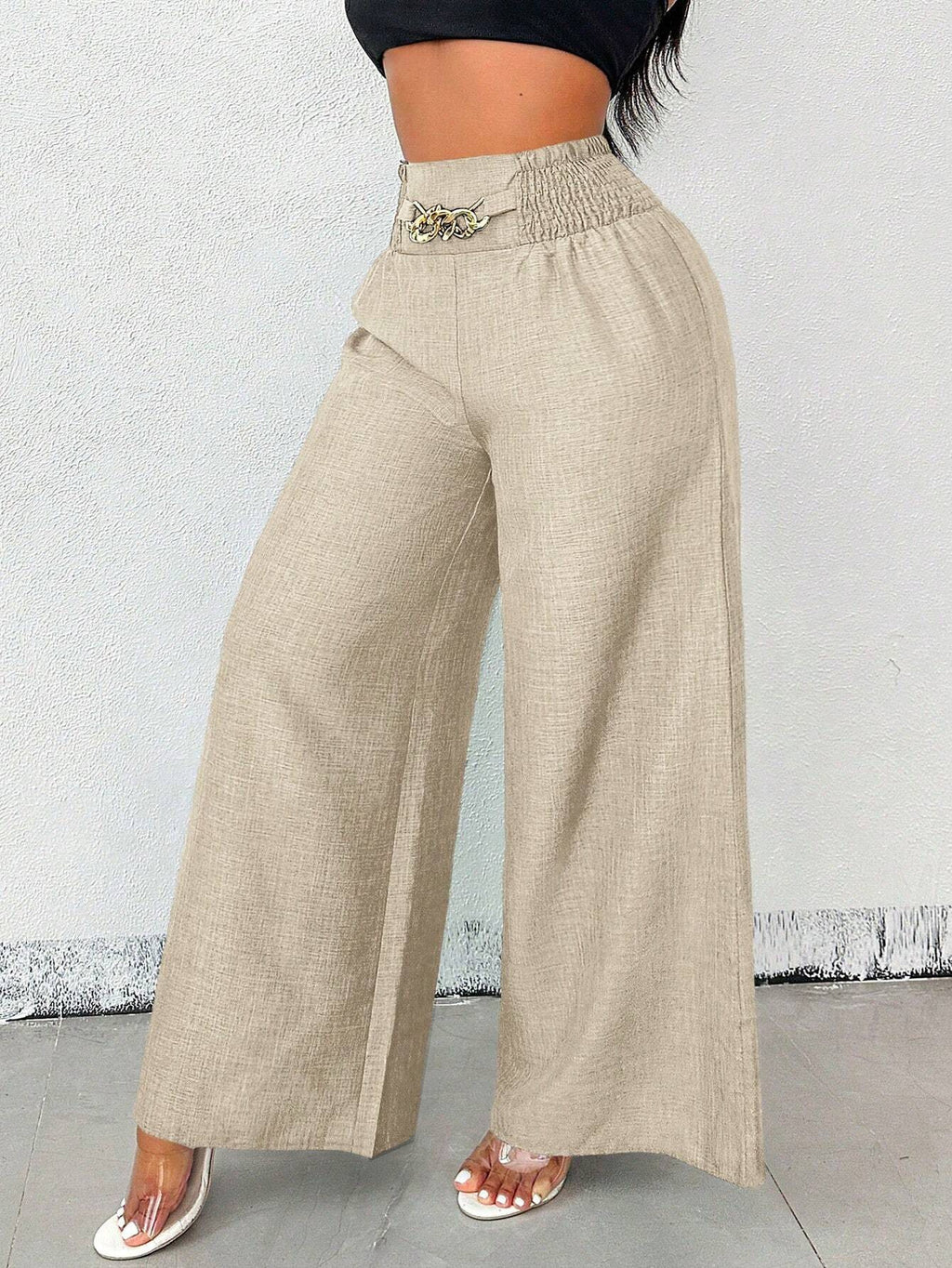 New Womens Fashionable Retro High-Waist Elastic Drapey Wide-Leg Long Pants For Women