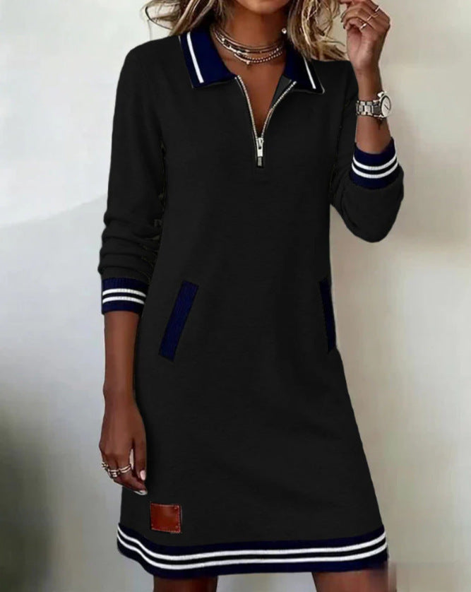Casual Sports Dress Fashion Lapel Zipper Pockets Long Sleeve Dresses For Women Clothing
