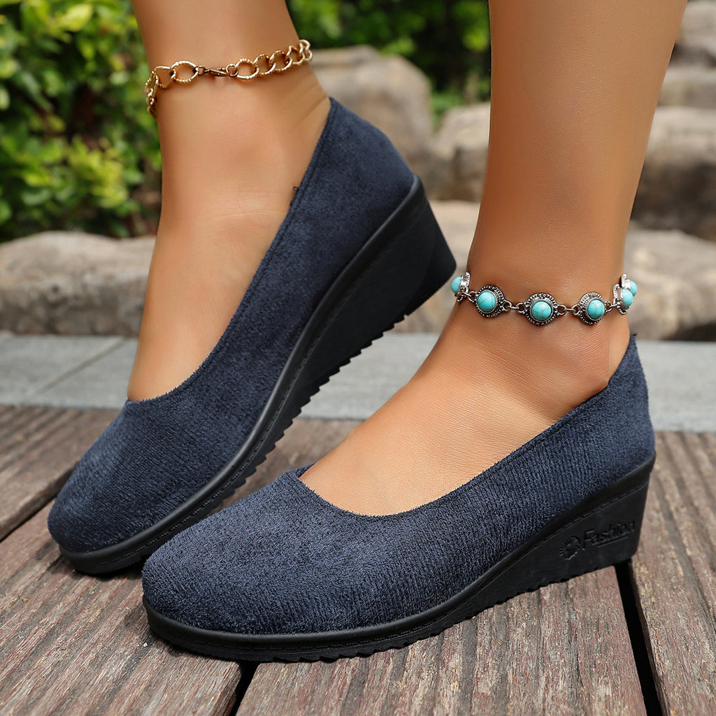 Shallow-toe Round-toe Slip-on Suede Wedge Shoes