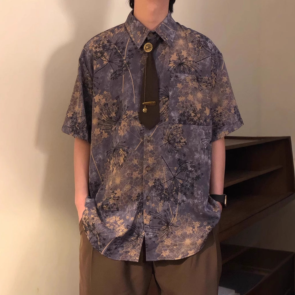 Retro Loose Printed Short-Sleeve Shirt Top Men's