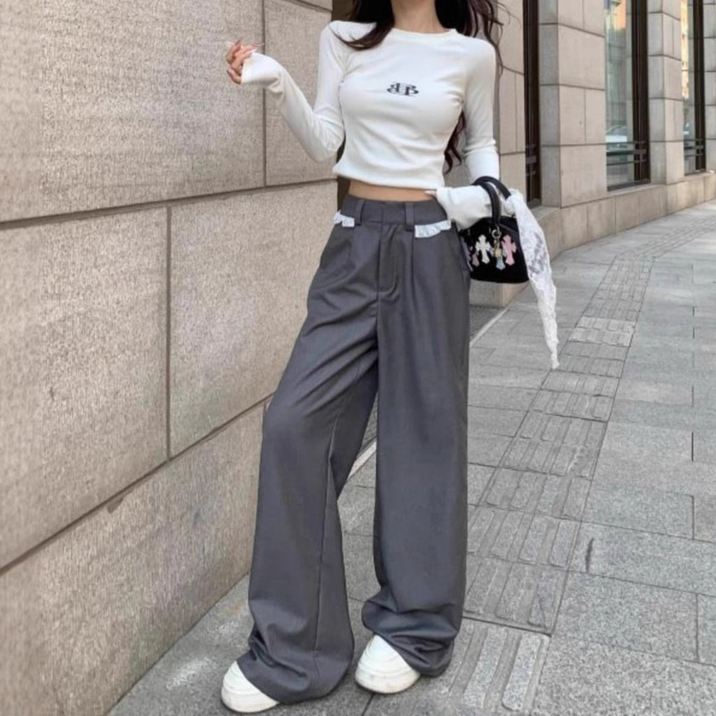 Lace-trimmed Casual Draping Straight-leg Floor-length Wide-leg Pants