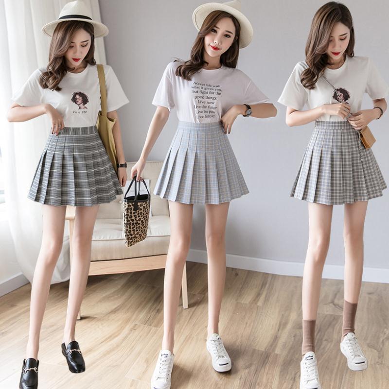 British High Waisted Slim Plaid Pleated Skirt For Women