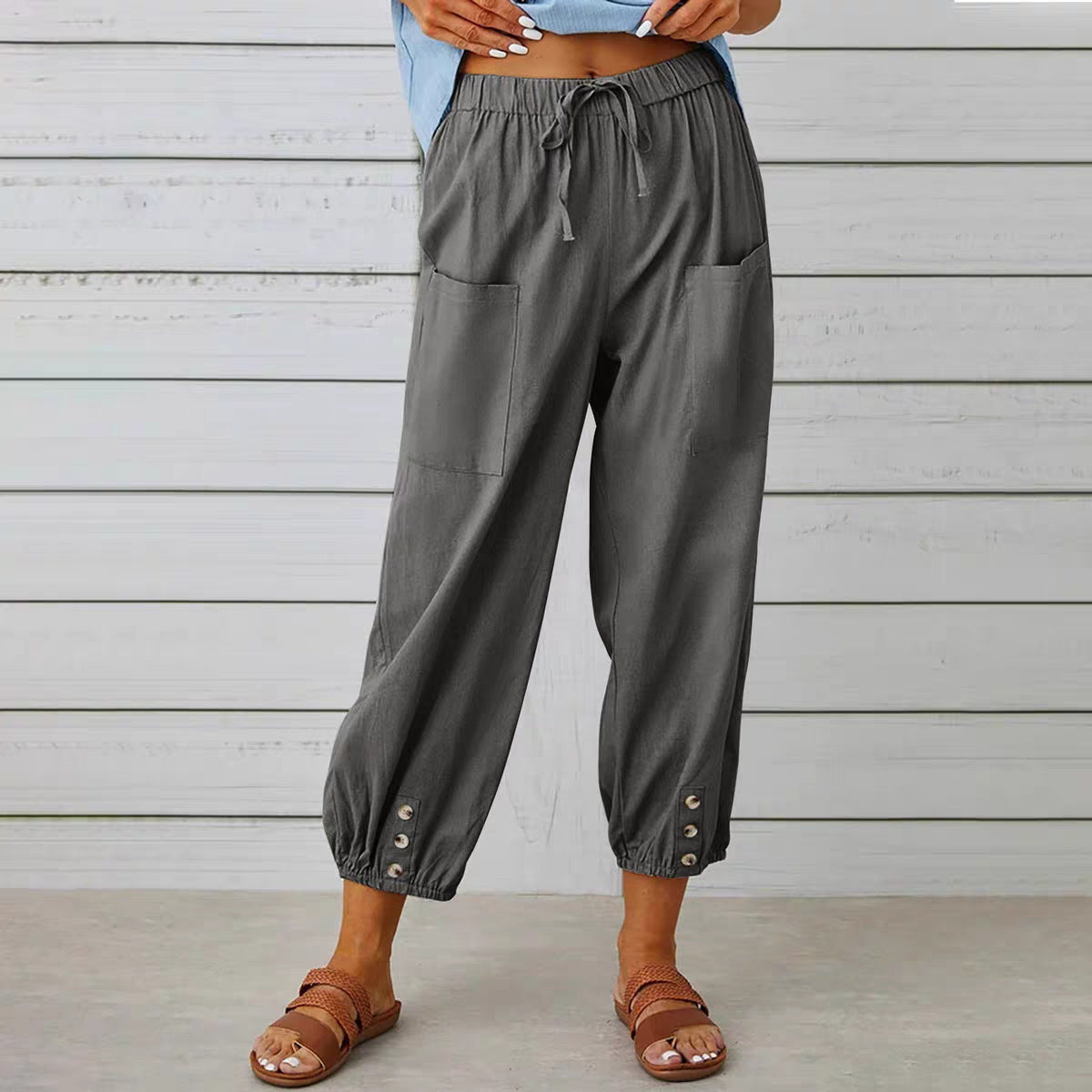 Buttoned Two-tone Linen Cropped Harem Pants