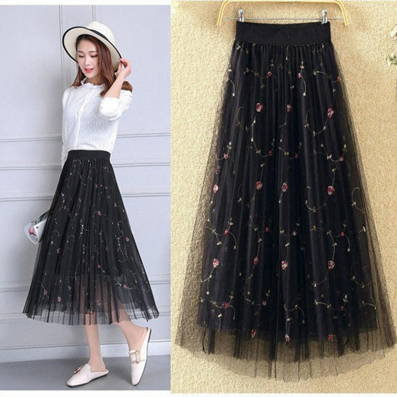 Women's Mid-length Pleated High-waist Slim Mesh Skirt