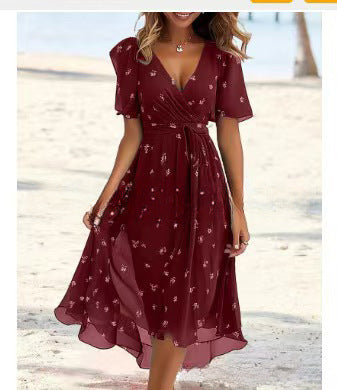 Flowers Printed V-neck Dress Summer A-line Short-sleeved Dresses For Women
