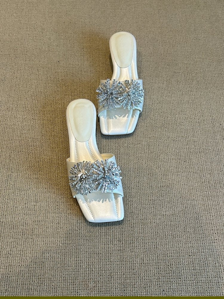 French Square Toe Fireworks Rhinestone Slide Sandals, Elegant Open Toe Luxury Outdoor Slippers