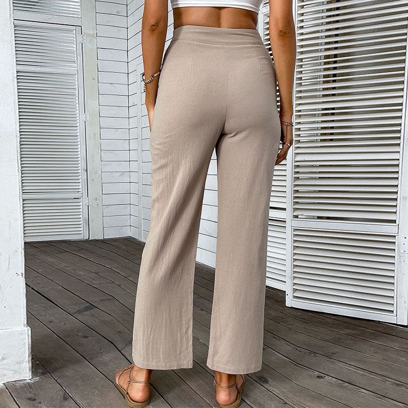 Summer European And American Style Cotton-Linen High-Waist Solid Color Cropped Straight Pants For Women