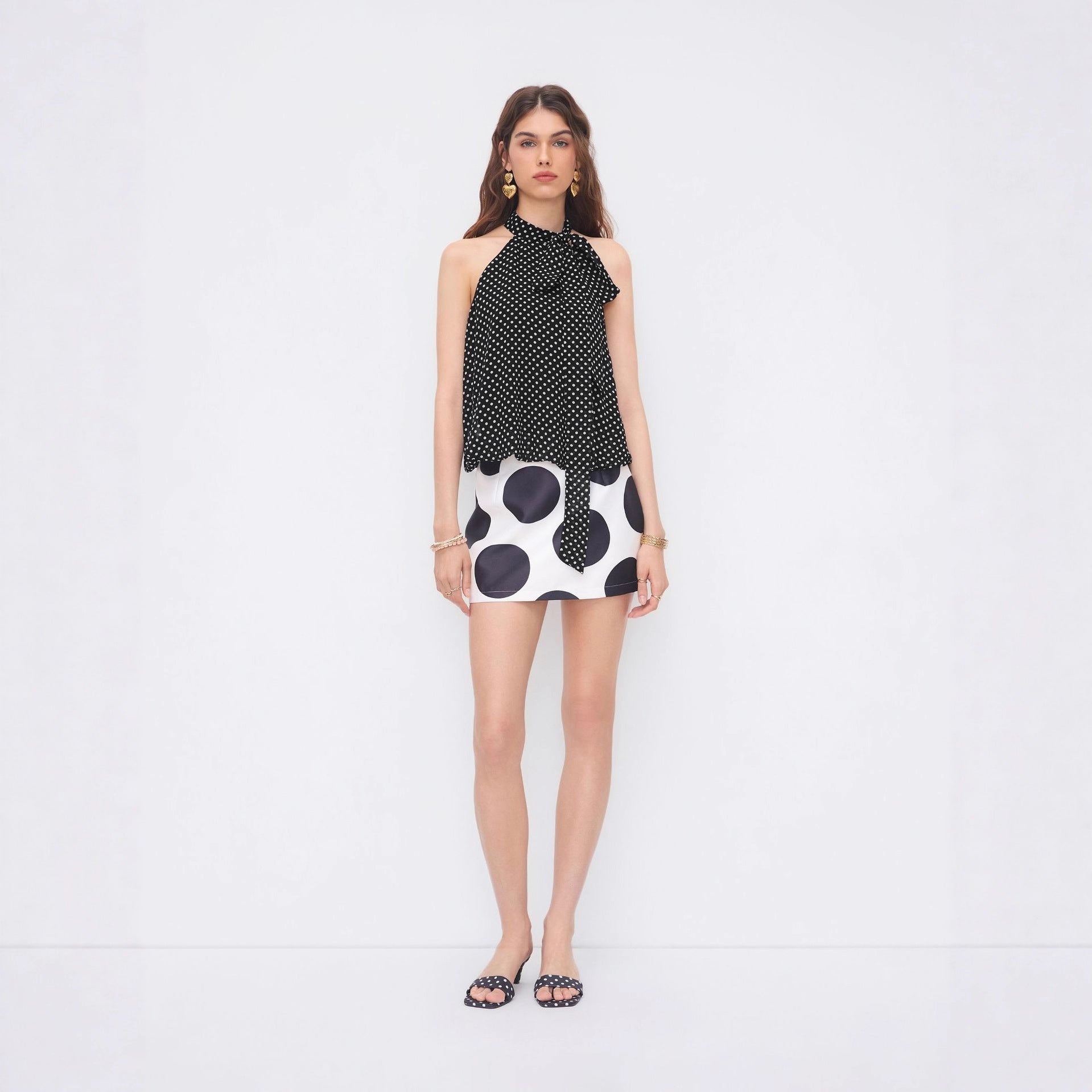 Round-neck Polka-dot Sleeveless Tie-neck Top