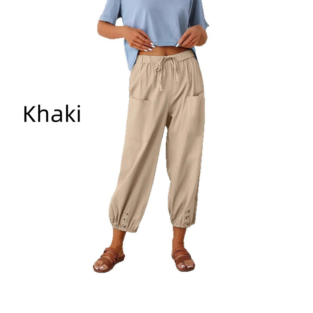 Buttoned Two-tone Linen Cropped Harem Pants