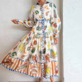 Print Holiday Women Beach Dress With Belts A-Line Long Lantern Sleeve Single Breasted Lapel Seaside Dresses Robe