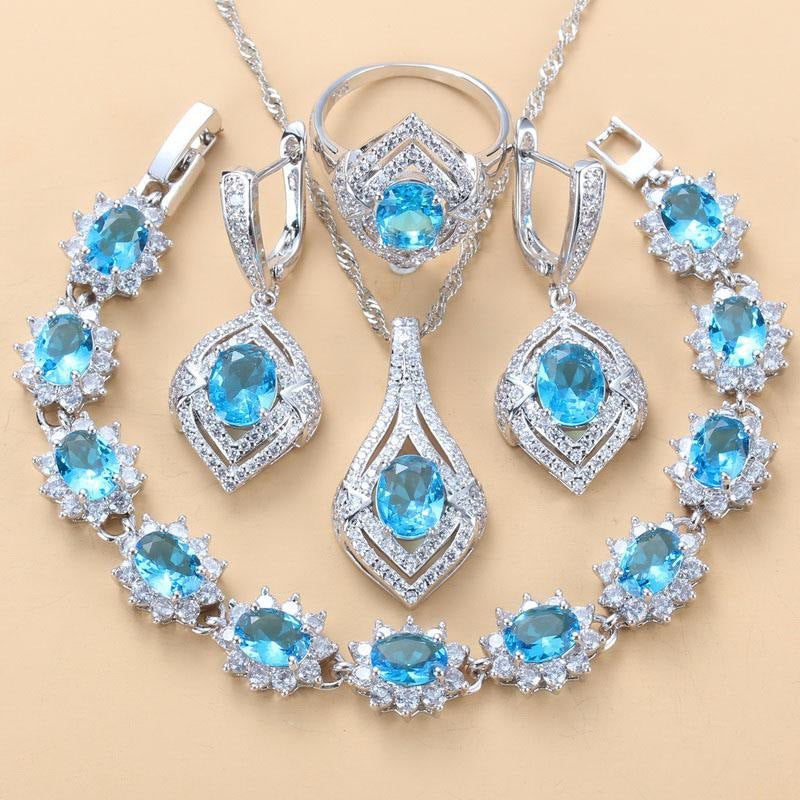 Inlaid Gemstone Pendant Earrings Necklace And Ring For Women 4 PCs Set