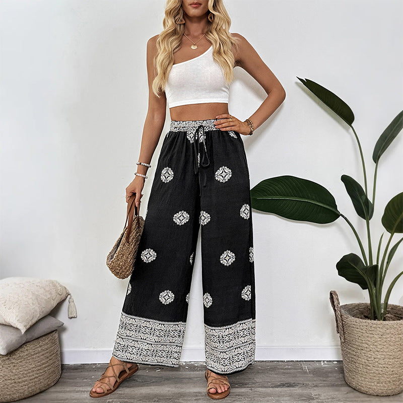 Ethnic-style Printed Straight-Leg Pants With Elastic Waist And Drawstring For Women