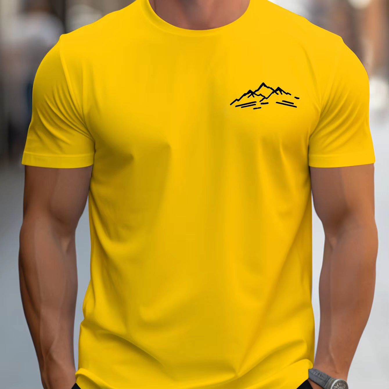 Cotton Relaxed Fit Mountain Pattern Printed Crew Neck Short Sleeve T Shirt For Sports
