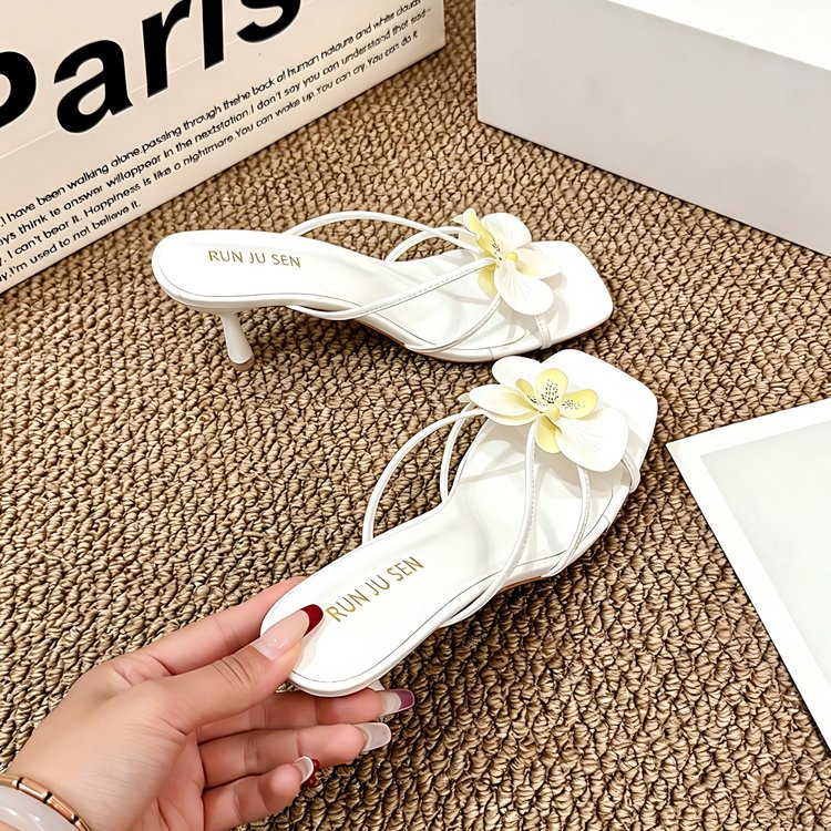 Fashionable Niche Flower Slippers, Comfortable Square Toe, Exposed Toe, Cool Drag, Thick Heel, Half Drag High Heels