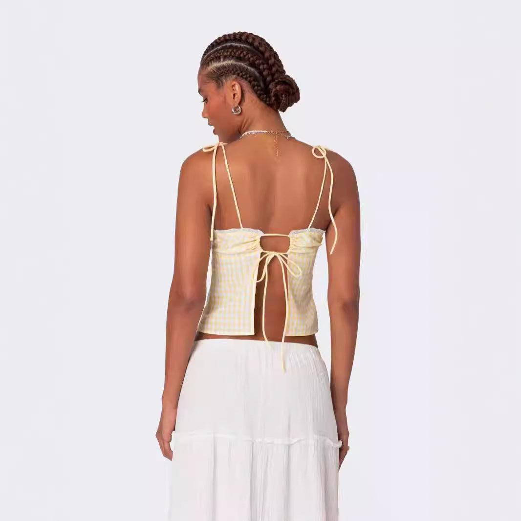 Sexy Lace-up Backless Top With Trim For Women