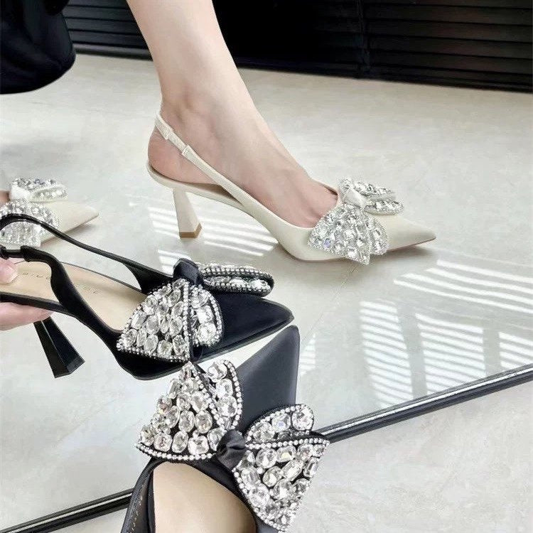 Rhinestone Bow Stiletto Heel One Strap Sandals, Sexy Pointed Toe Wide Width Pumps For Wide Feet, 2026 Closed Toe High Heels Women