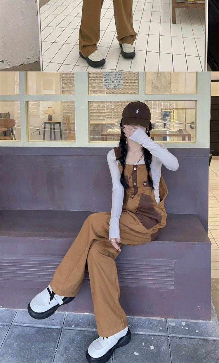 Youthful And Chic American-Style Burger Embroidery Denim Suspender Pants