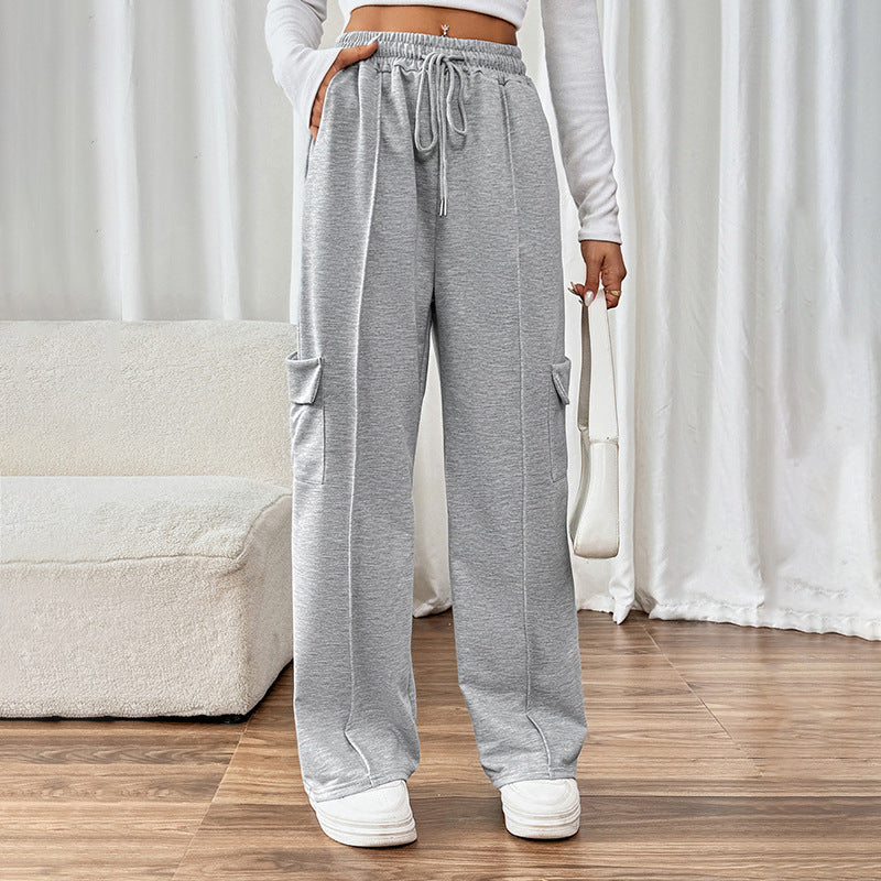 Casual Elastic High-Waist Straight Pants With Patch Pockets
