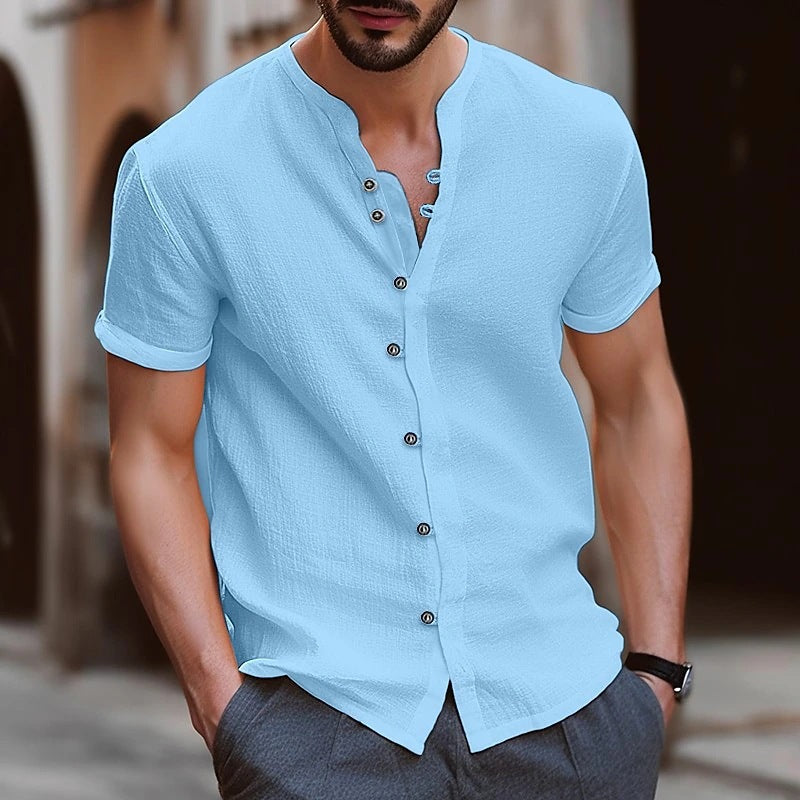 Stylish Mens Retro Button Cotton-linen Casual Short-sleeve Shirt