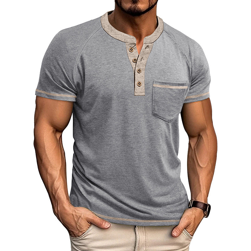 Men's Short-Sleeve Henley Shirt Button-Up Vintage T-Shirt