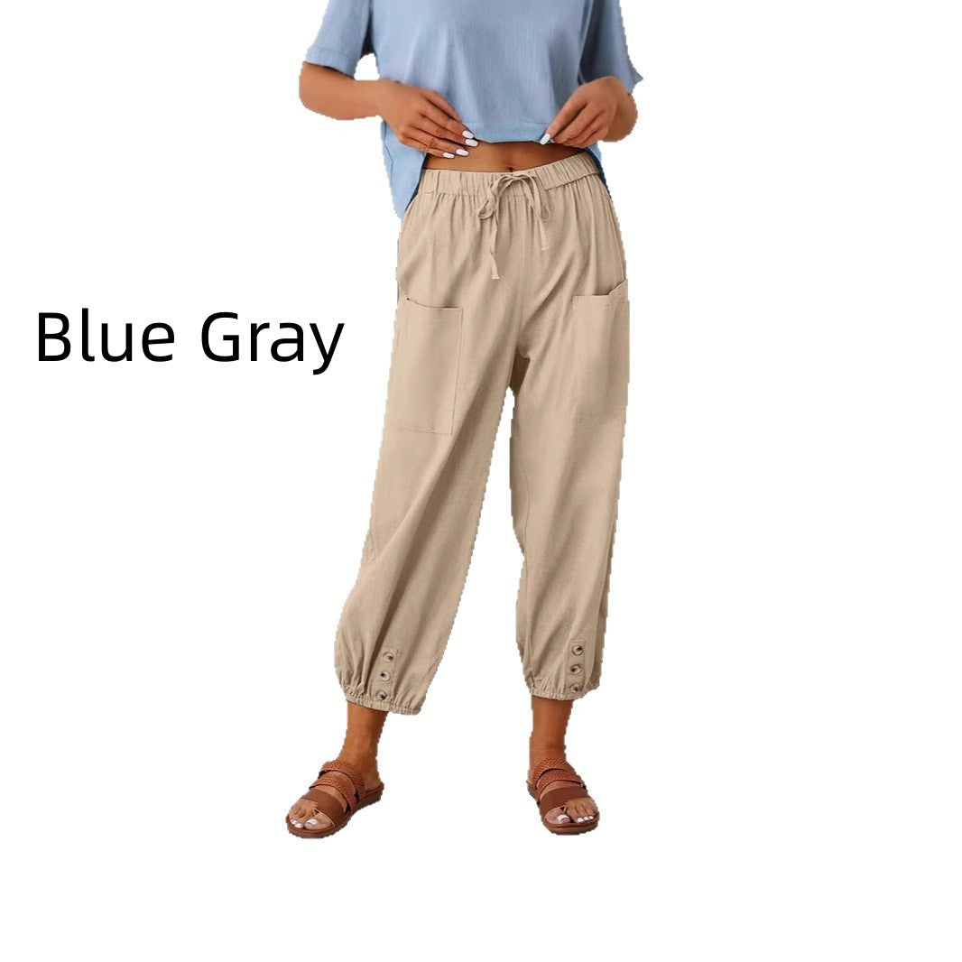 Buttoned Two-tone Linen Cropped Harem Pants