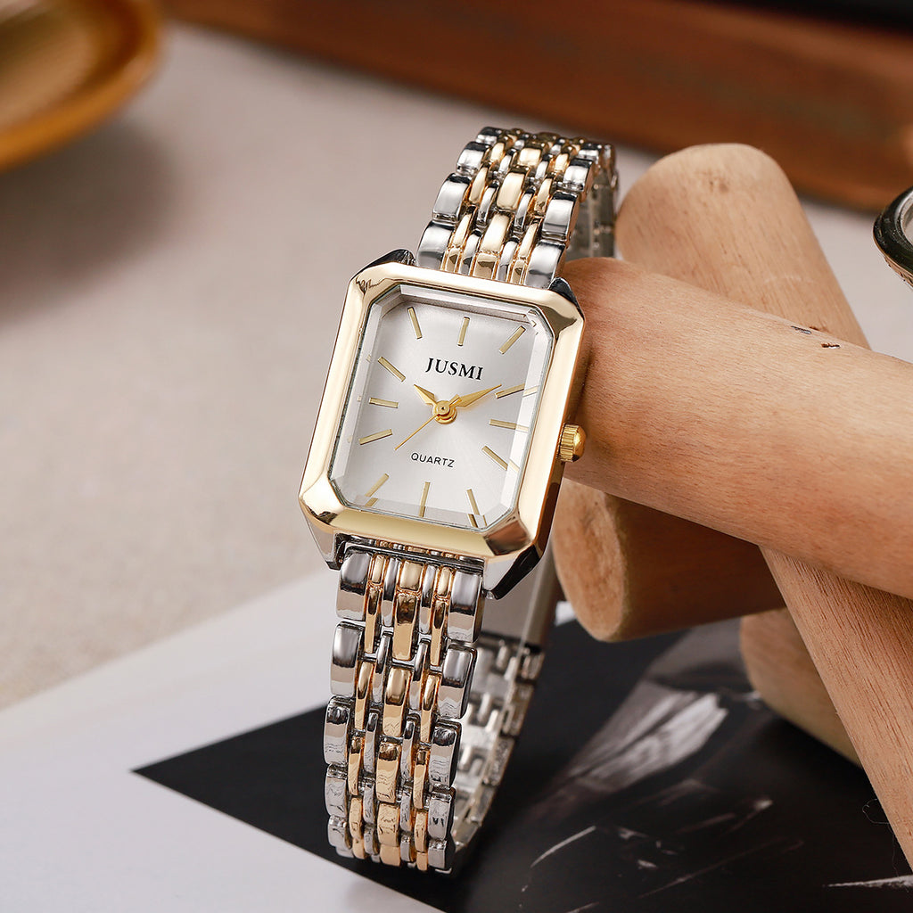 Square Meridian-Style Dial Fashionable Personalized Quartz Watch With Steel Band