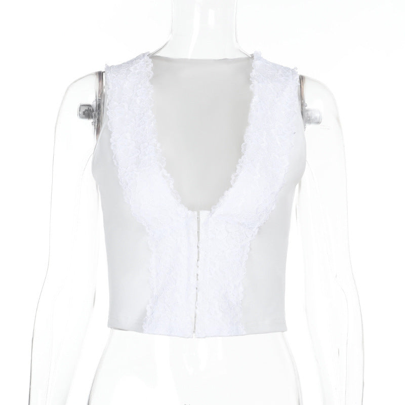 V-neck Lace-trimmed Hook-and-eye Crop-top Camisole For Spicy Girls